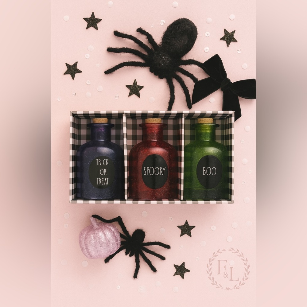 Rae Dunn Halloween Potion Bottle Set BOO Spooky Trick or Treat Glass NWT
